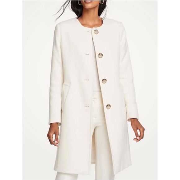 Women's Ann Taylor Wool Blend Jewel Neck Ivory Coat Knee Length sz L Minimalist - Picture 7 of 7